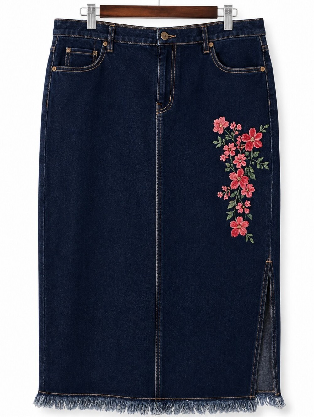 Denim 24/7 Embroidered Denim Midi Skirt 18W Dark Wash Floral